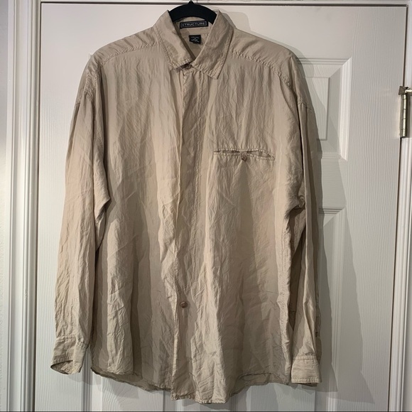 Structure Womens M 100% Silk Tan Popover Blouse Long Sleeve Relaxed Fit Top - Picture 1 of 10